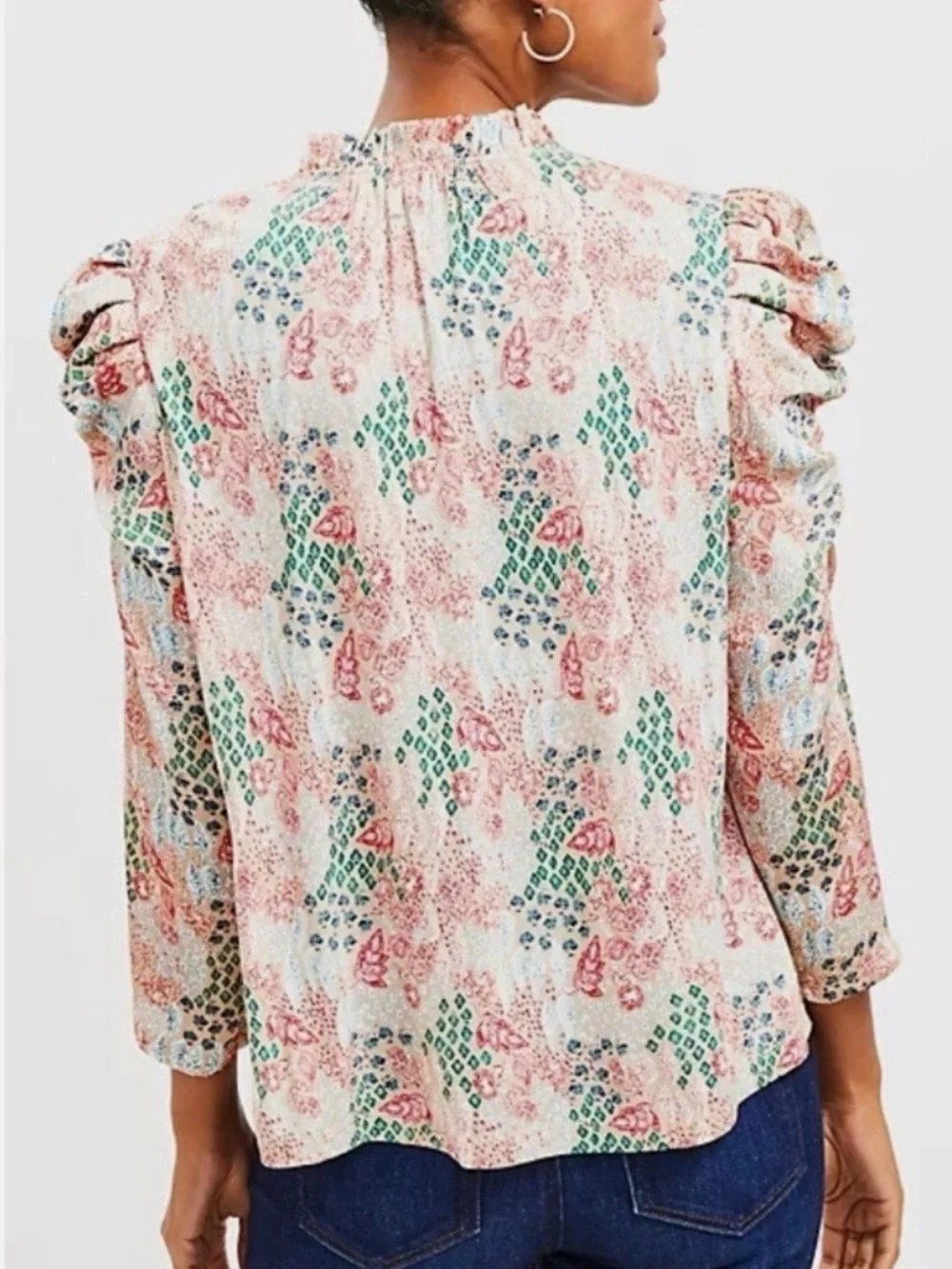 LOFT Floral Cinched Sleeve Tie Neck Mixed Media Blouse Top Sz M